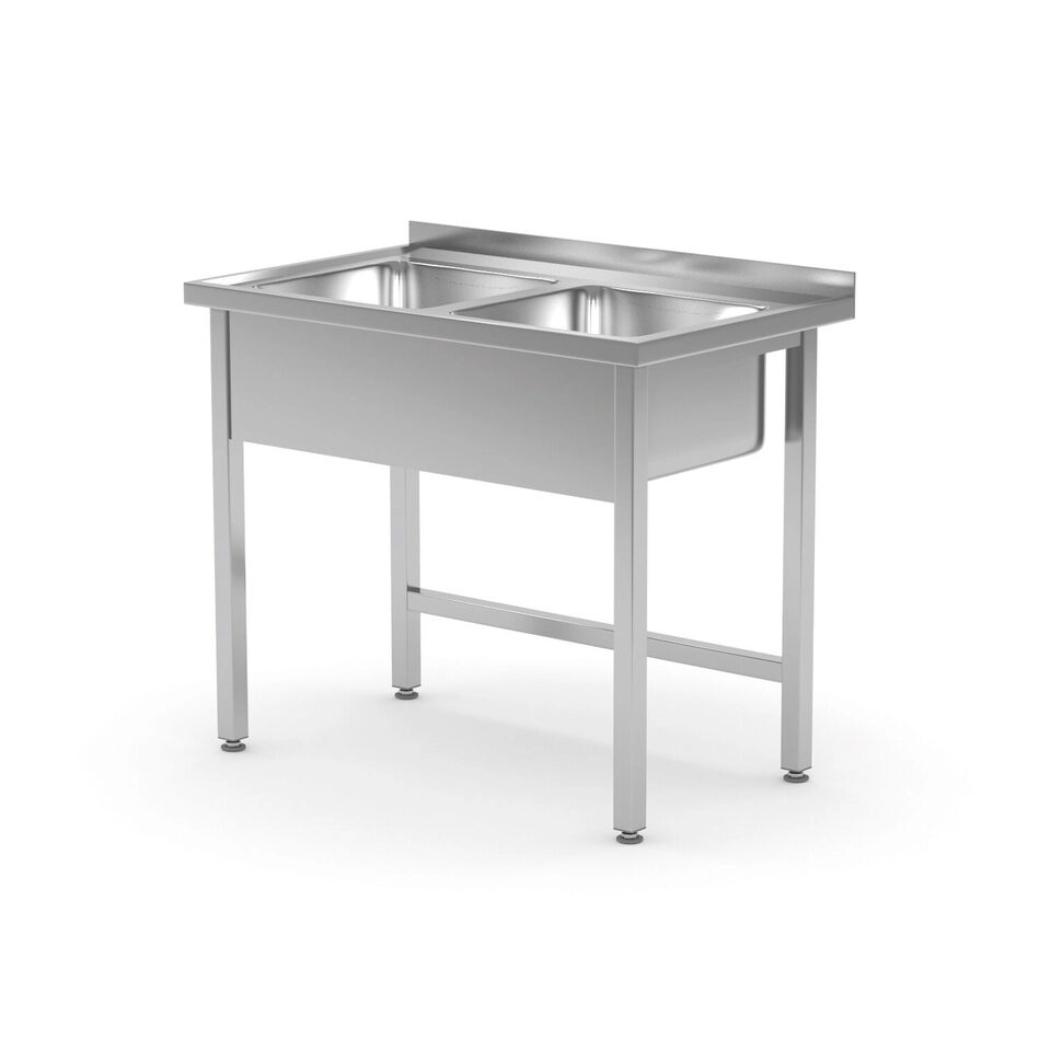 Стол из нержавеющей стали с двумя раковинами, глубина 600 мм, Kitchen Line, 1000x600x(H)850 мм