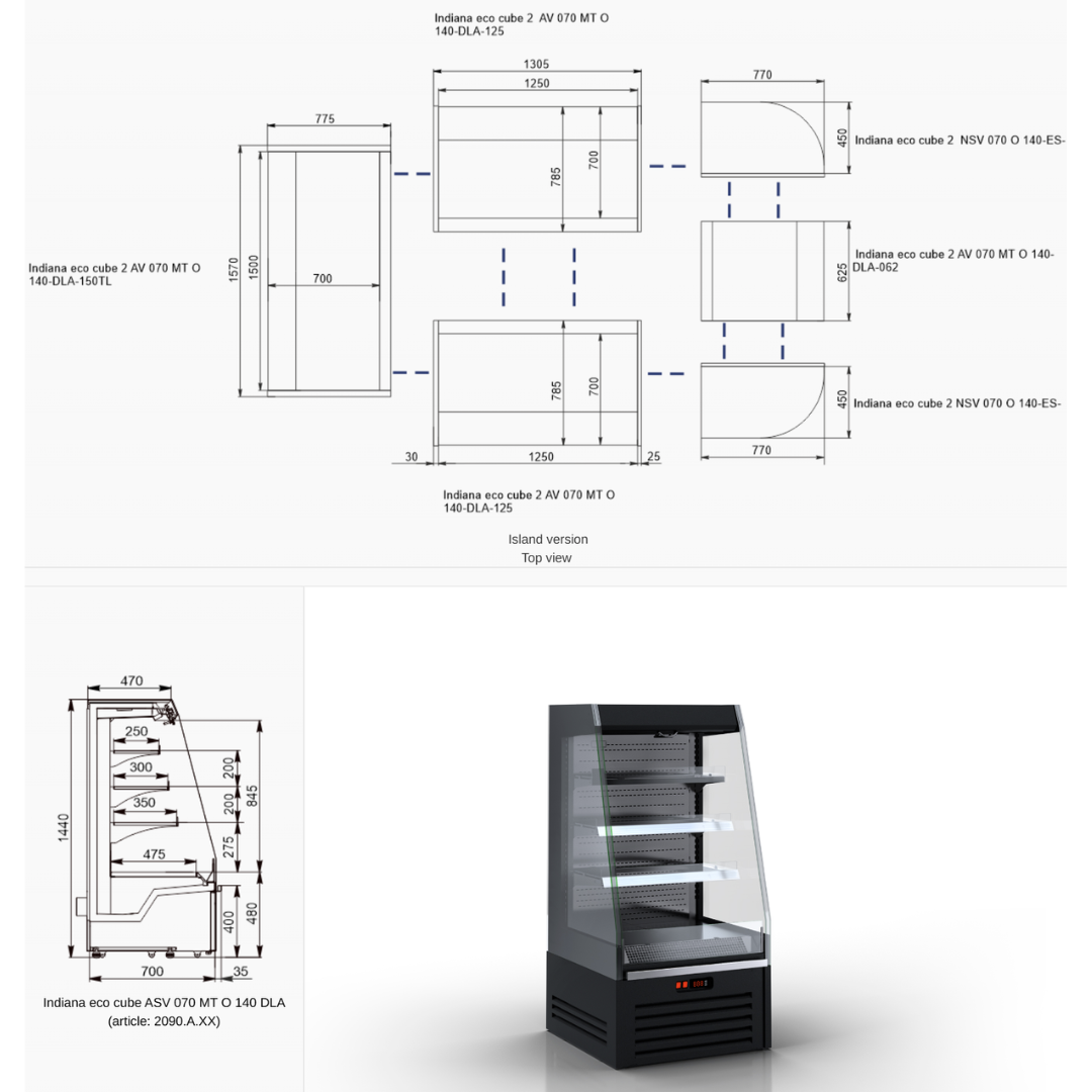 Полувертикальная витрина Indiana eco cube 2ASV 070 MT O 140 DLA - 1500